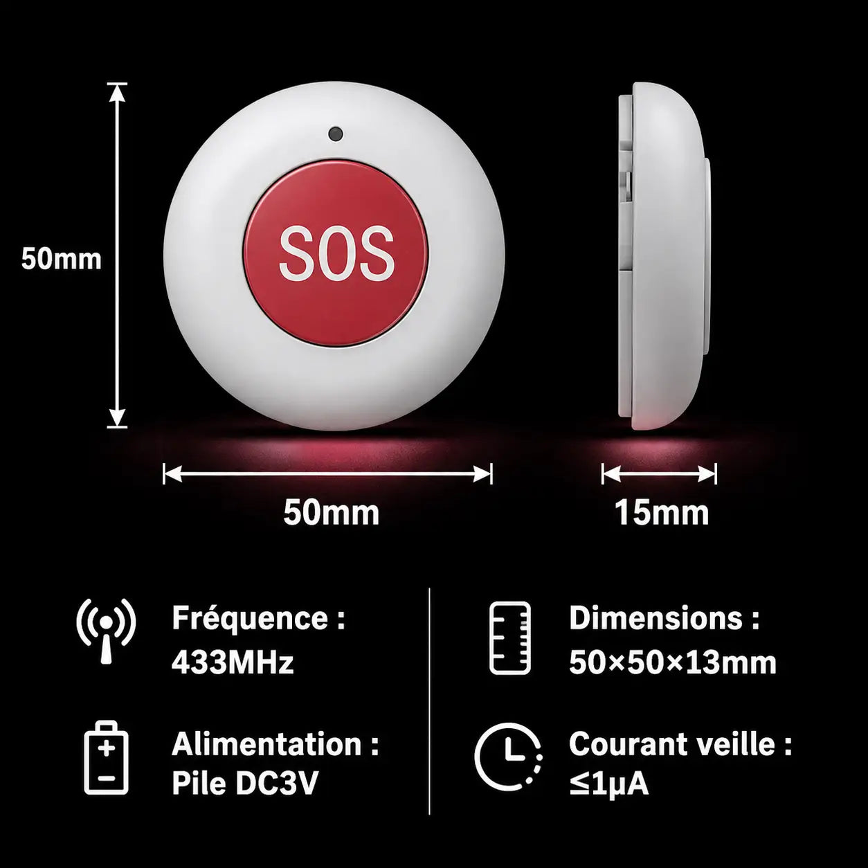 Bouton SOS Sans Fil 433MHz — Alerte d'Urgence en 1 Geste | Personnes Âgées & Sécurité
