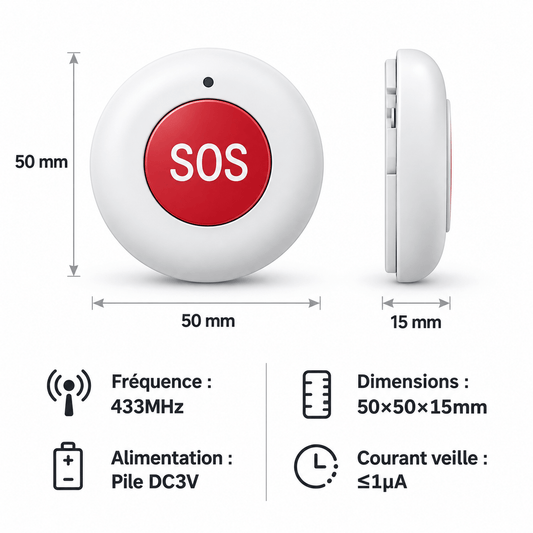 Bouton SOS Sans Fil 433 MHz Compatible Centrale d’Alarme