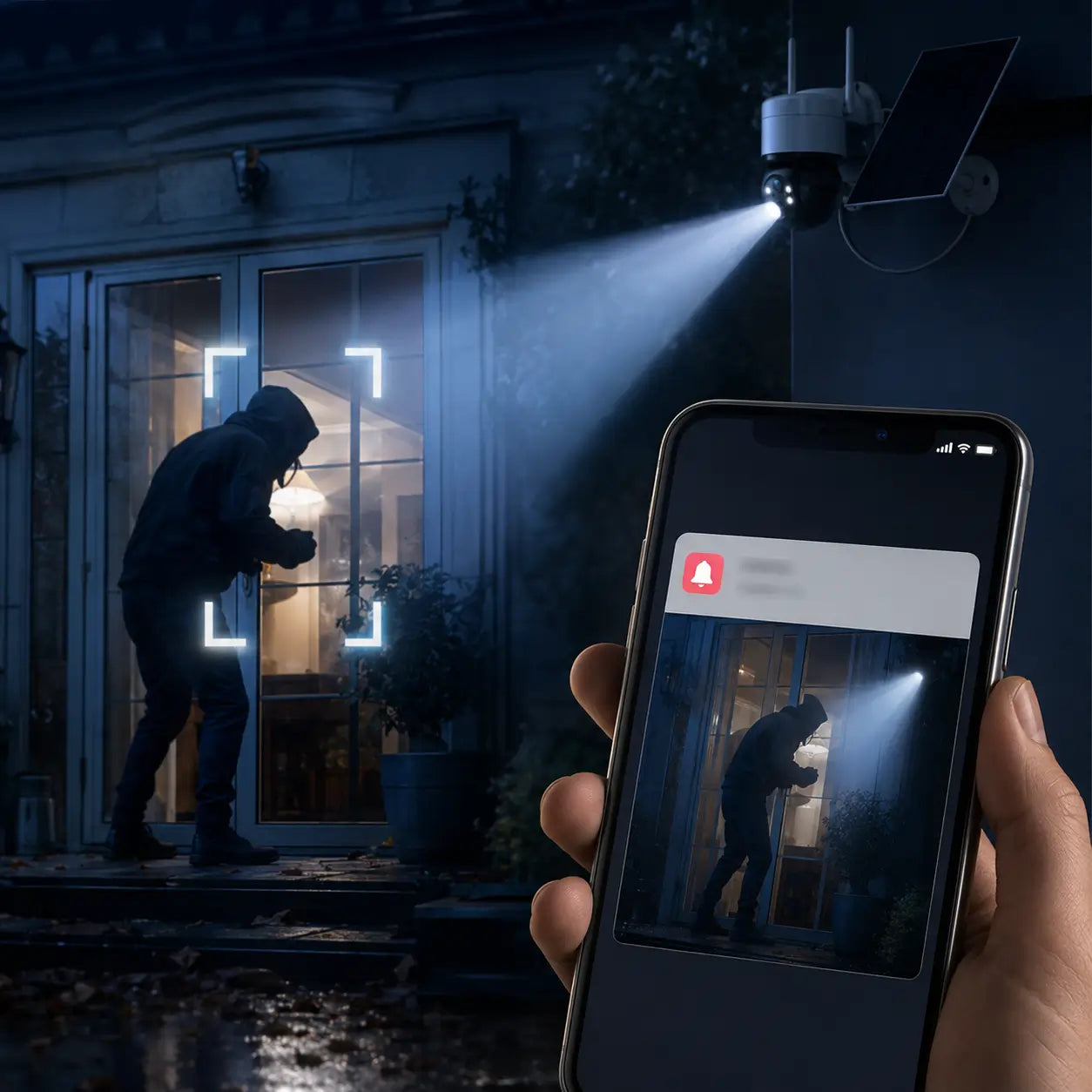 Alerte smartphone détection mouvement caméra PTZ solaire SilverProtect