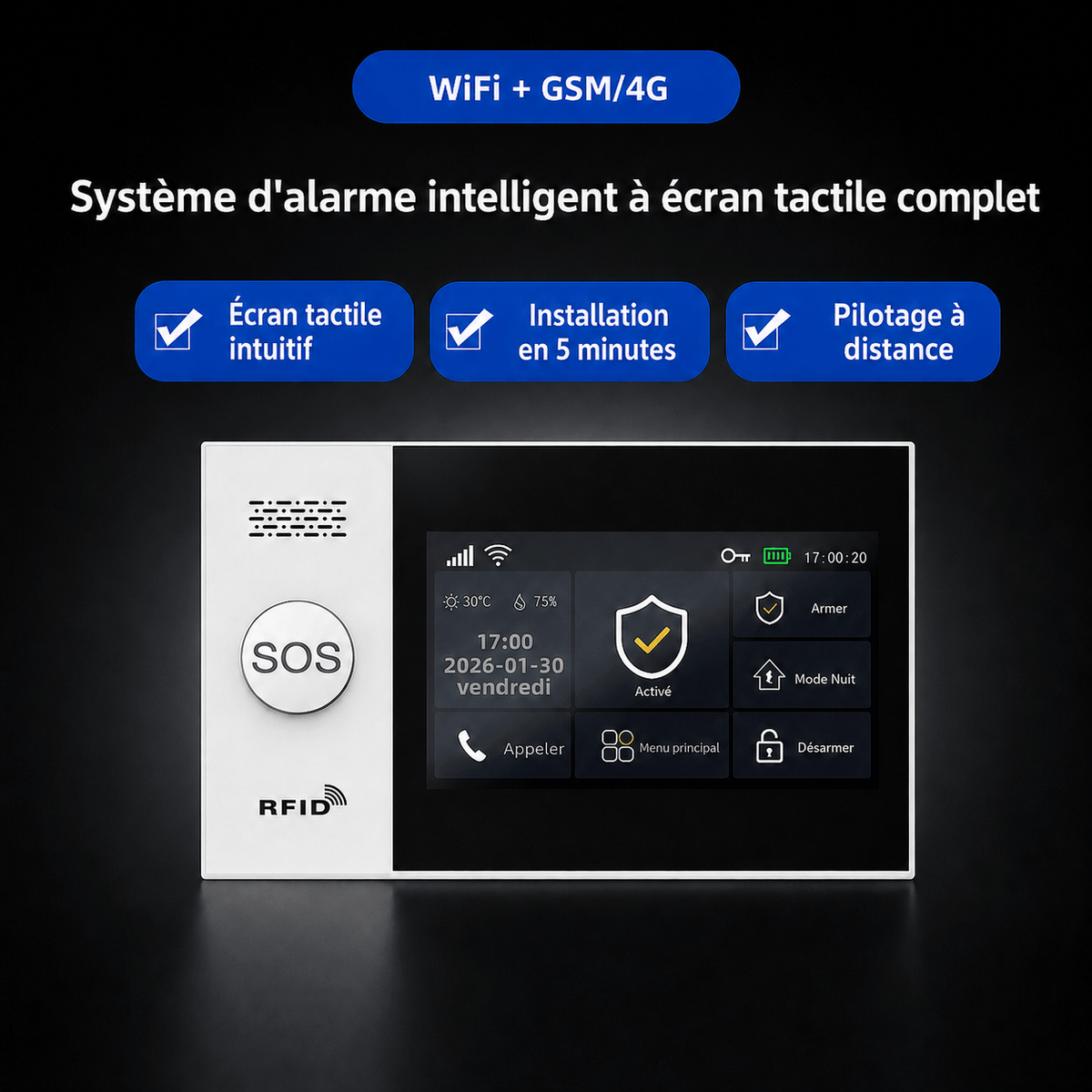 Centrale d'alarme SENTINELLE™ à écran tactile 4G et WiFi