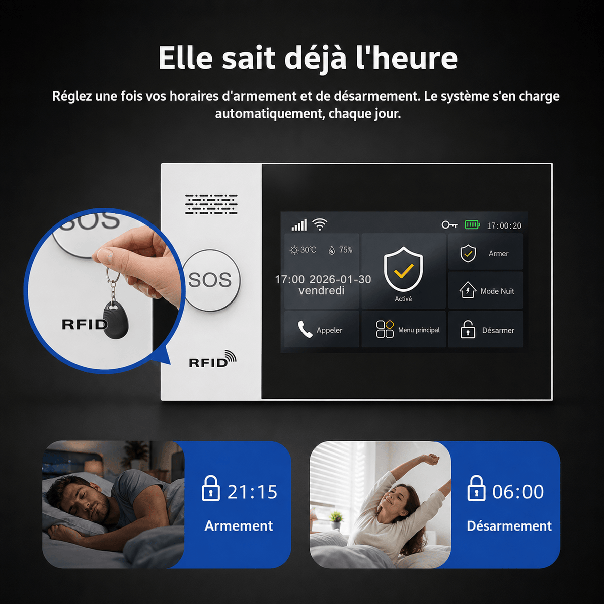 Minuterie d'armement de l'alarme SENTINELLE™ configurable depuis l'application