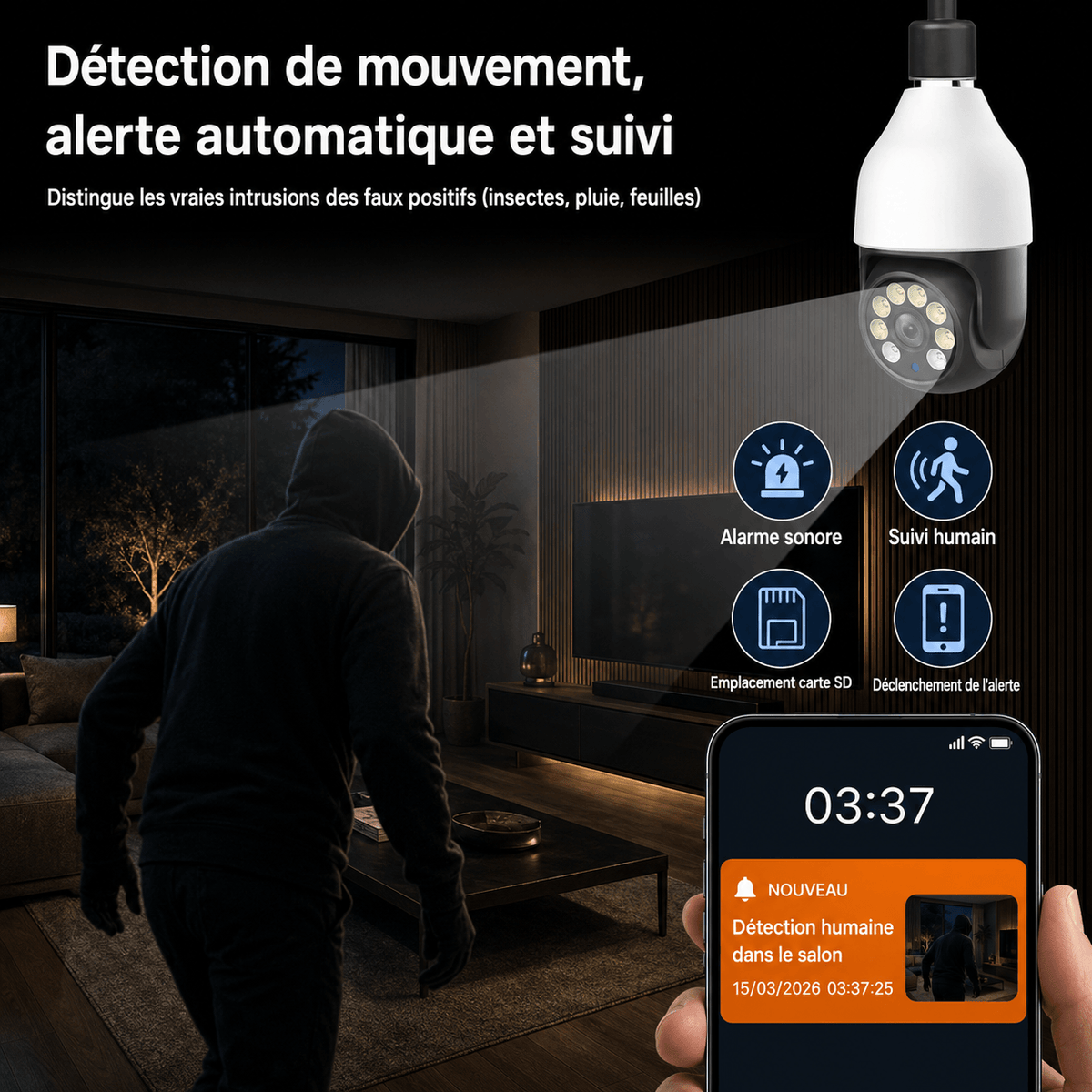 Caméra ampoule WiFi E27 SilverProtect, alerte de détection de mouvement