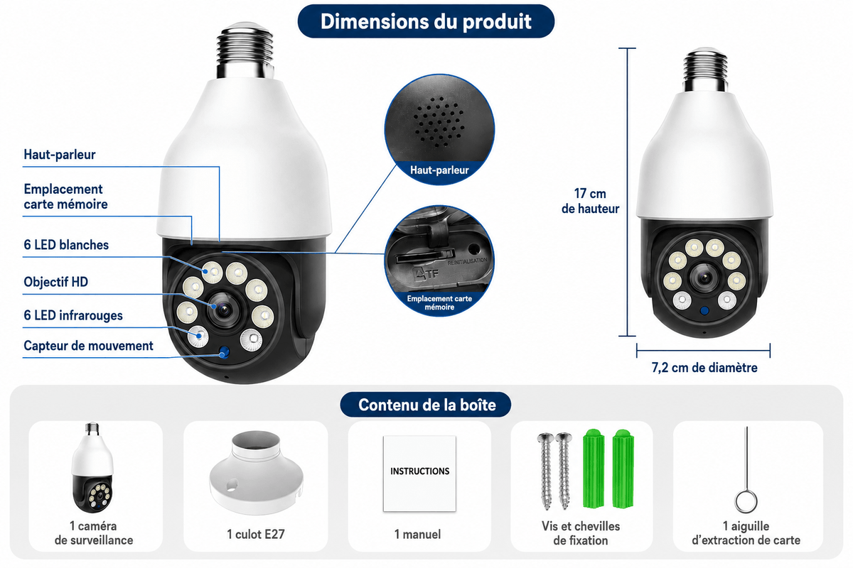 Caméra ampoule WiFi E27 SilverProtect, dimensions et contenu de la boîte