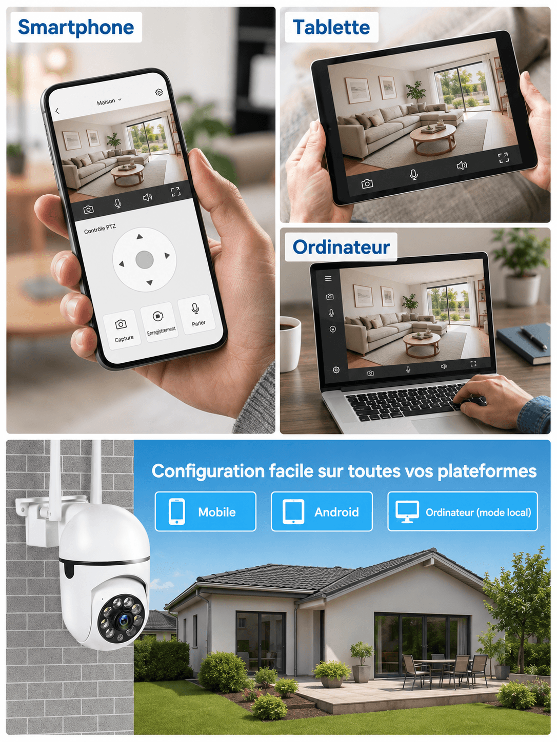 Caméra extérieure PTZ WiFi SilverProtect, compatible multi-plateformes