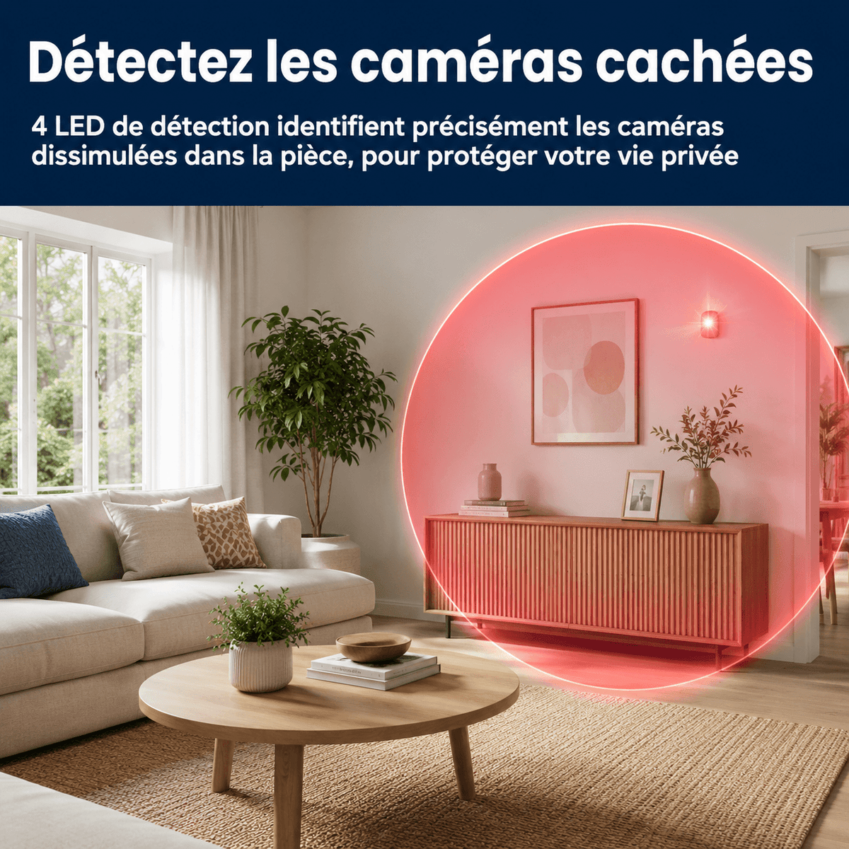 Détecteur de caméra cachée SilverProtect, usage dans un salon