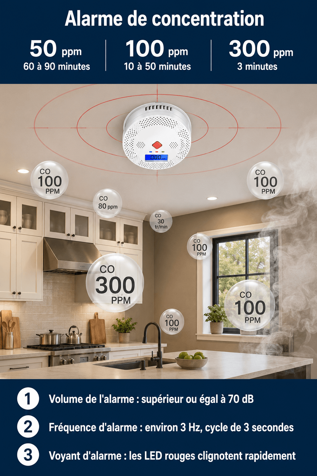 Détecteur de monoxyde de carbone WiFi SilverProtect, alarme selon la concentration