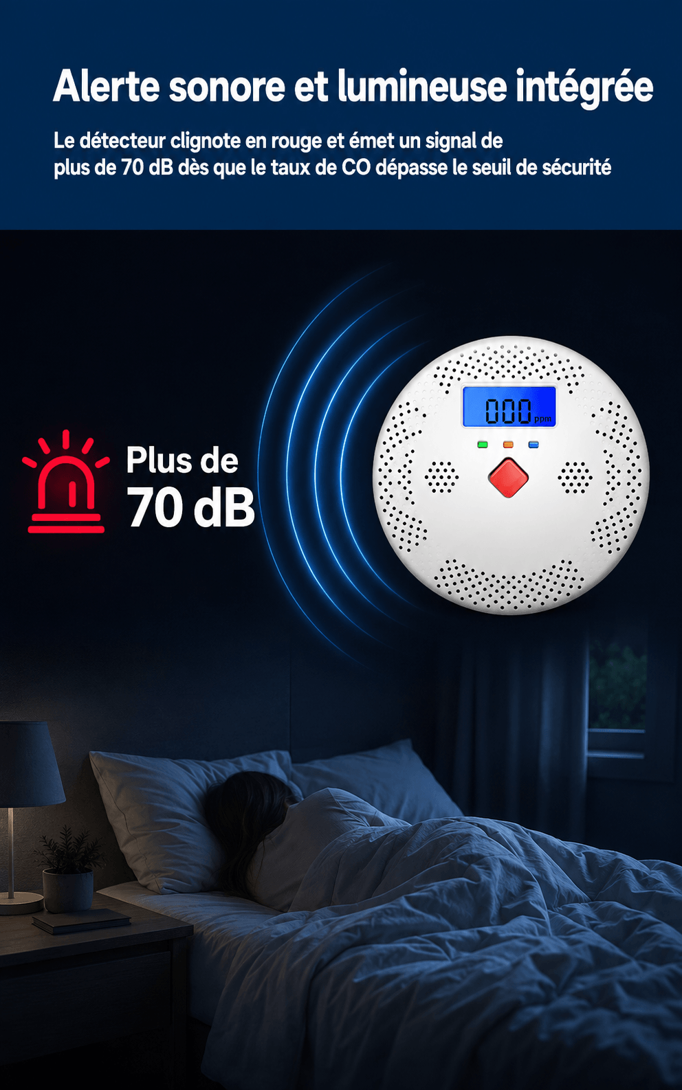 Détecteur de monoxyde de carbone WiFi SilverProtect, alerte sonore 70 dB