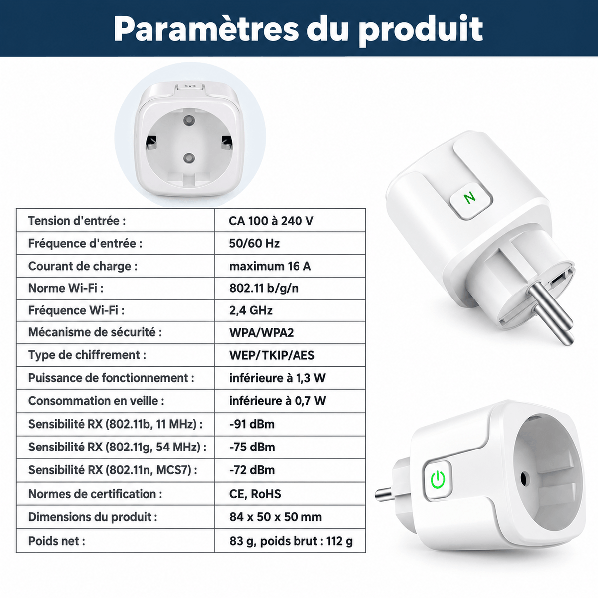 Prise connectée WiFi SilverProtect, paramètres techniques