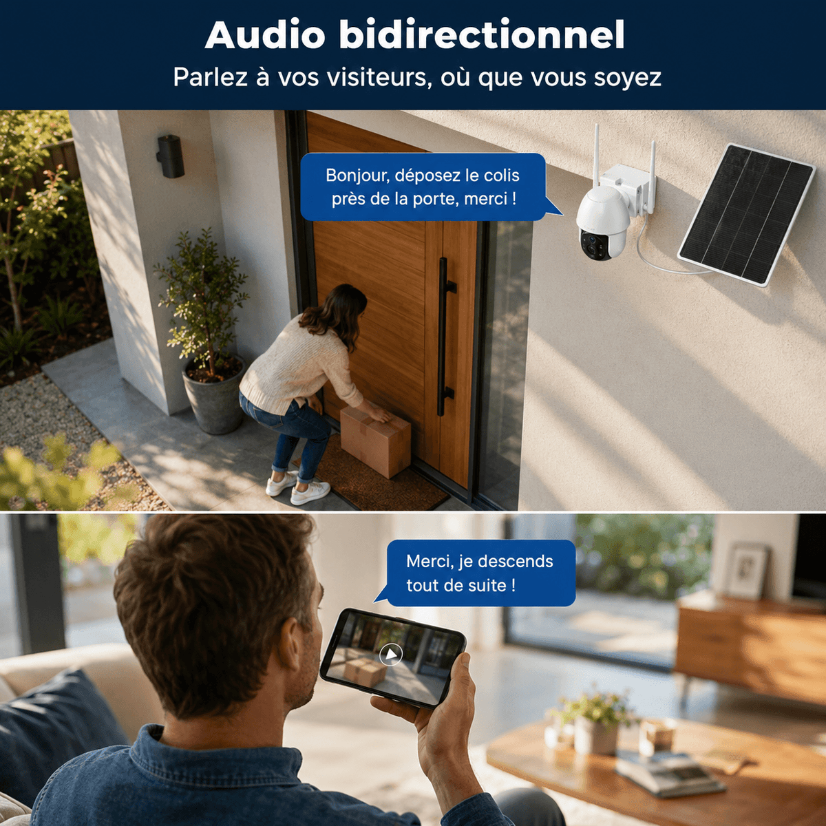 Audio bidirectionnel de la caméra SENTINELLE™ Cam Solaire, microphone et haut-parleur intégrés