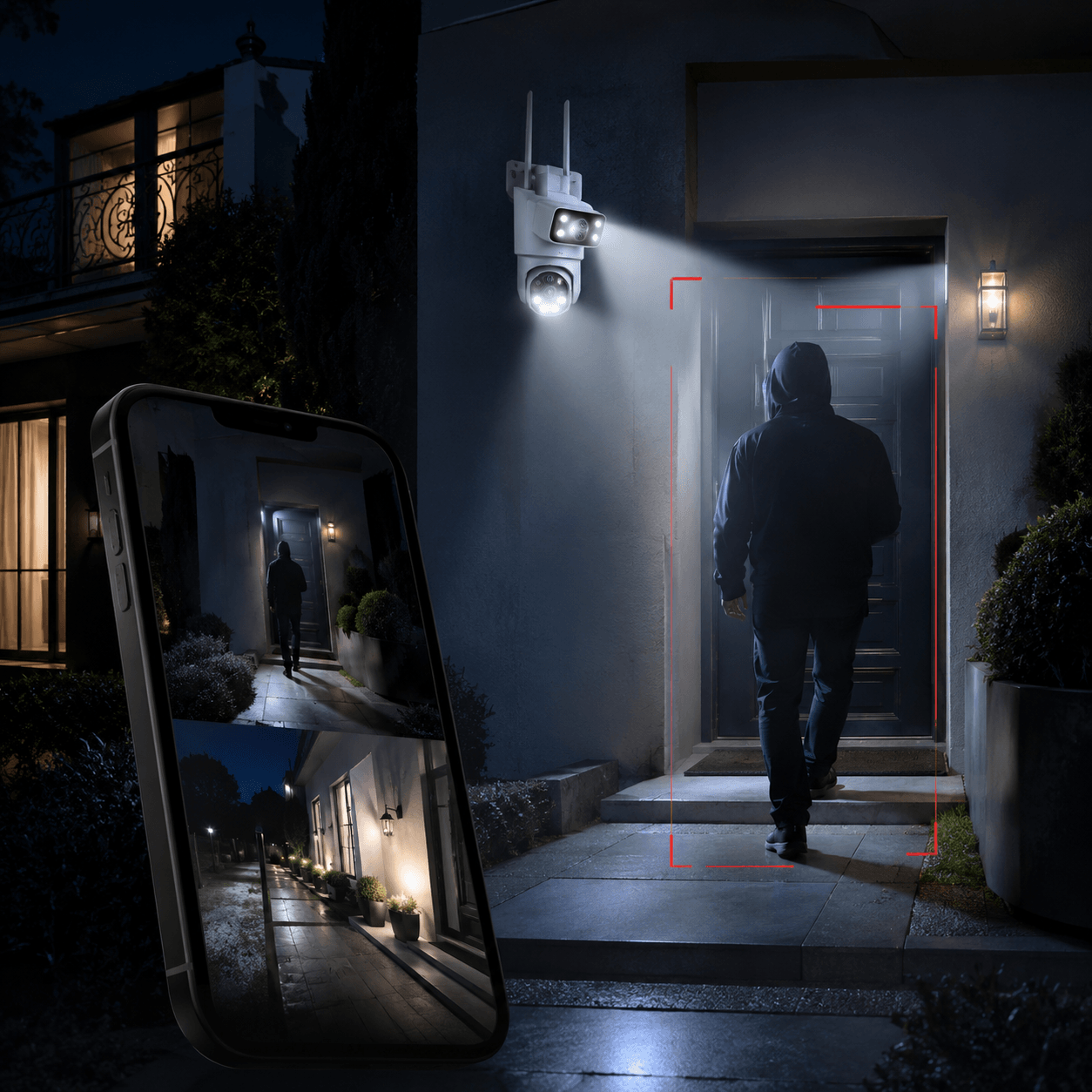 Caméra Surveillance Double Objectif PTZ WiFi 4K — Suivi IA Automatique | Vision Nocturne Couleur | IP66
