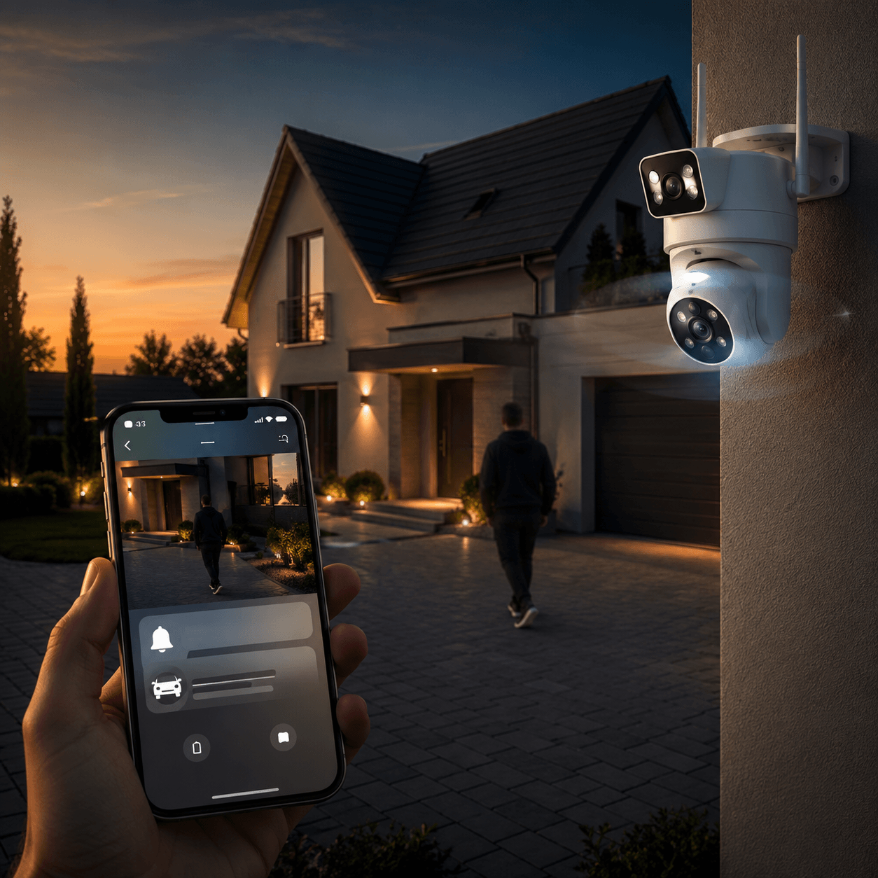 Caméra Surveillance Double Objectif PTZ WiFi 4K — Suivi IA Automatique | Vision Nocturne Couleur | IP66